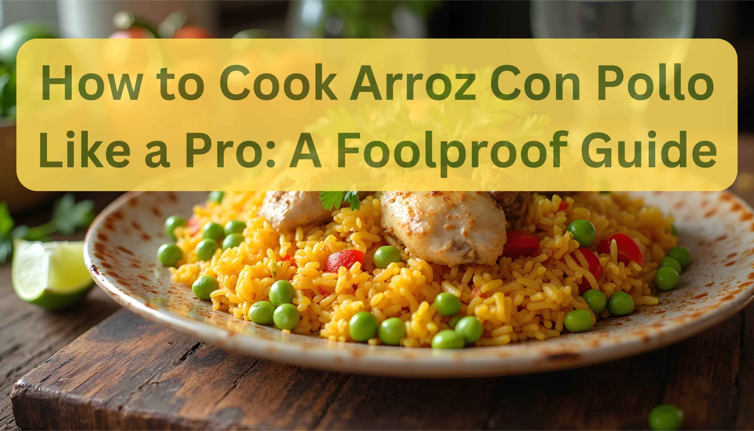 A vibrant featured image for an article, showcasing a beautifully plated Arroz con Pollo dish with golden rice, tender chicken, and colorful vegetables. The dish is placed on a rustic wooden table with a blurred cozy kitchen background.