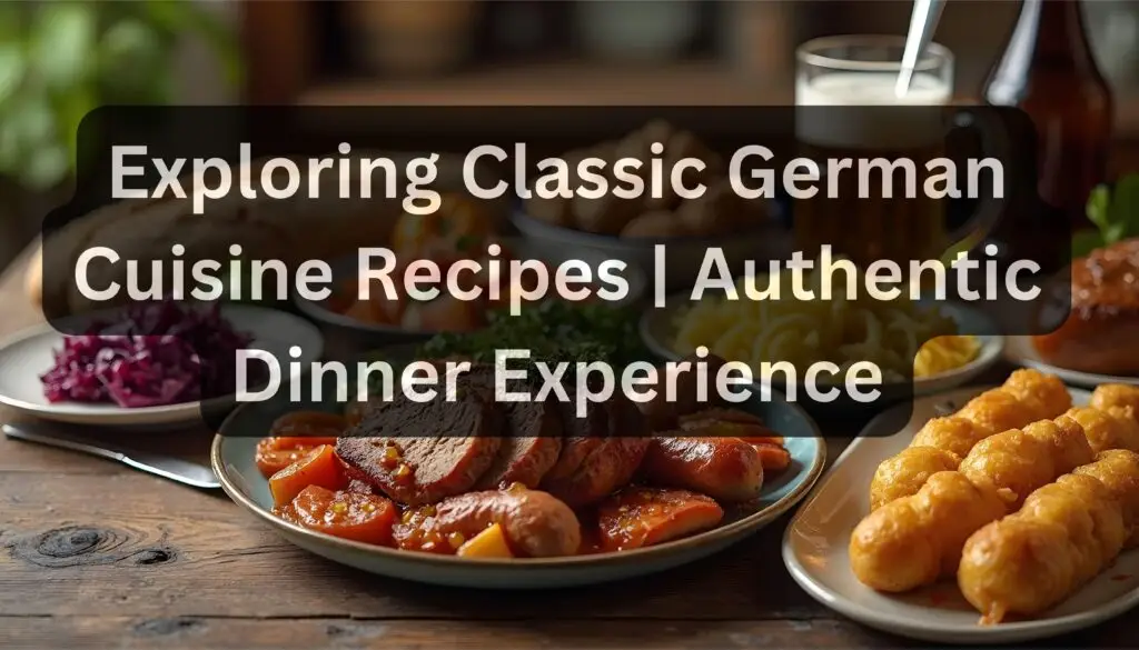 A beautifully arranged table showcasing traditional German cuisine, including sauerbraten, bratwurst with sauerkraut, schnitzel, Black Forest Cake, potato salad, spaetzle, and red cabbage. A rustic beer stein, rye bread, and fresh herbs add authenticity, set in a cozy, warm-lit German kitchen or countryside backdrop