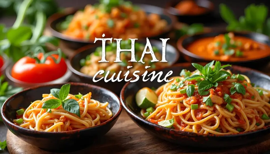 A vibrant featured image showcasing popular Thai dishes like Pad Thai, Tom Yum soup, and Green Curry, surrounded by fresh herbs like lemongrass and basil. The title 'Thai Cuisine: Must-Try Fantastic Recipes for Every Food Lover' is overlaid in bold, elegant typography, set against warm, inviting colors.