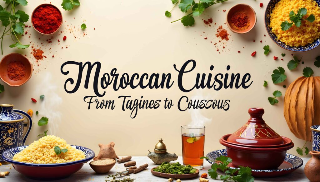 Moroccan cuisine, with a steaming tagine pot, a bowl of fluffy couscous, and a glass of mint tea on a beautifully arranged table. Colorful spices, fresh herbs, and decorative Moroccan tableware surround the dishes.