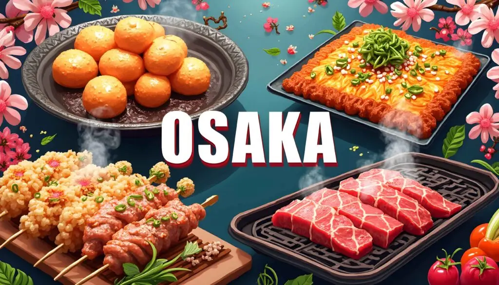 Vibrant collage of iconic Osaka dishes, including takoyaki, okonomiyaki, kushikatsu, and yakiniku, with the text 'Osaka Japanese Cuisine: A Handbook of the Most Famous Foods' in the center, celebrating the city's rich culinary heritage.